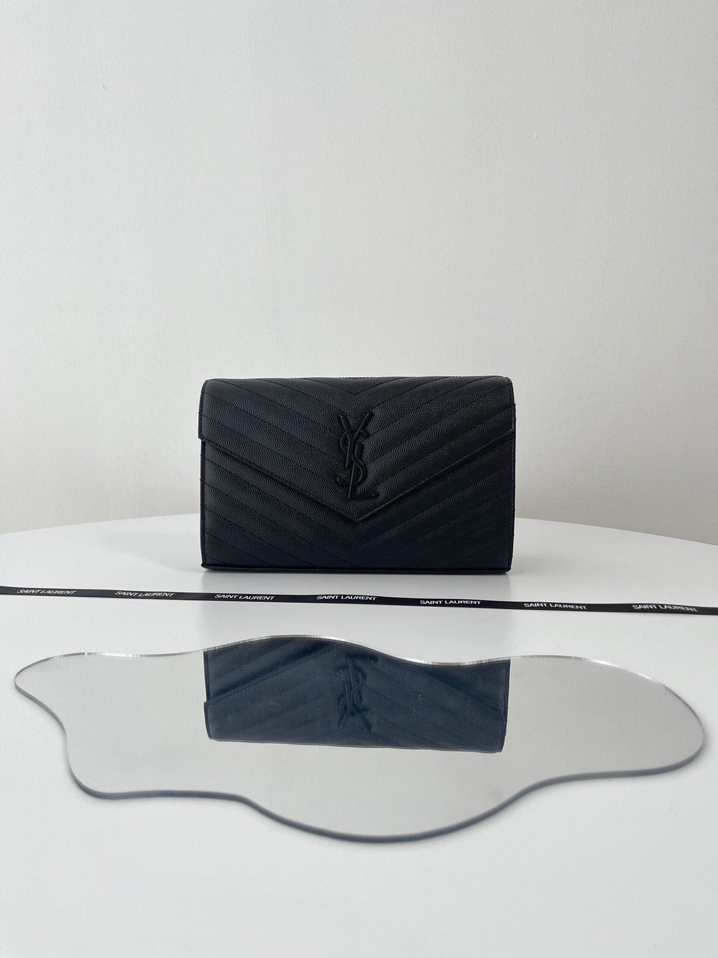 Saint Laurent Classic Cassandre Chain Wallet in Grained Leather