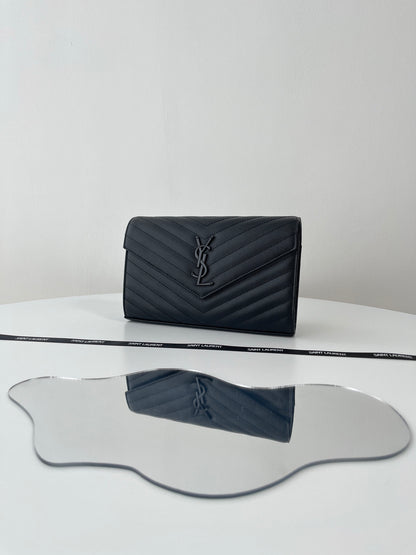 Saint Laurent Classic Cassandre Chain Wallet in Grained Leather