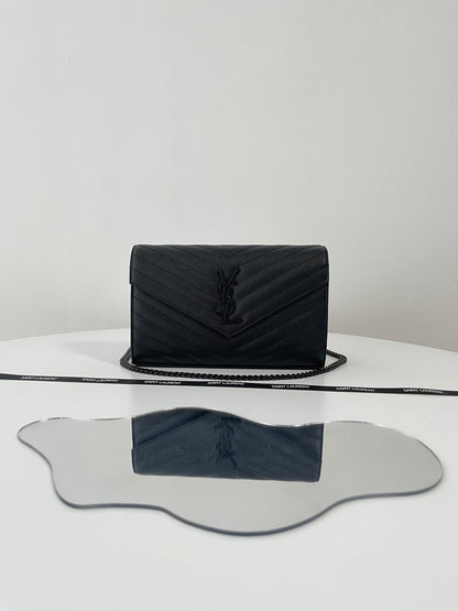 Saint Laurent Classic Cassandre Chain Wallet in Grained Leather