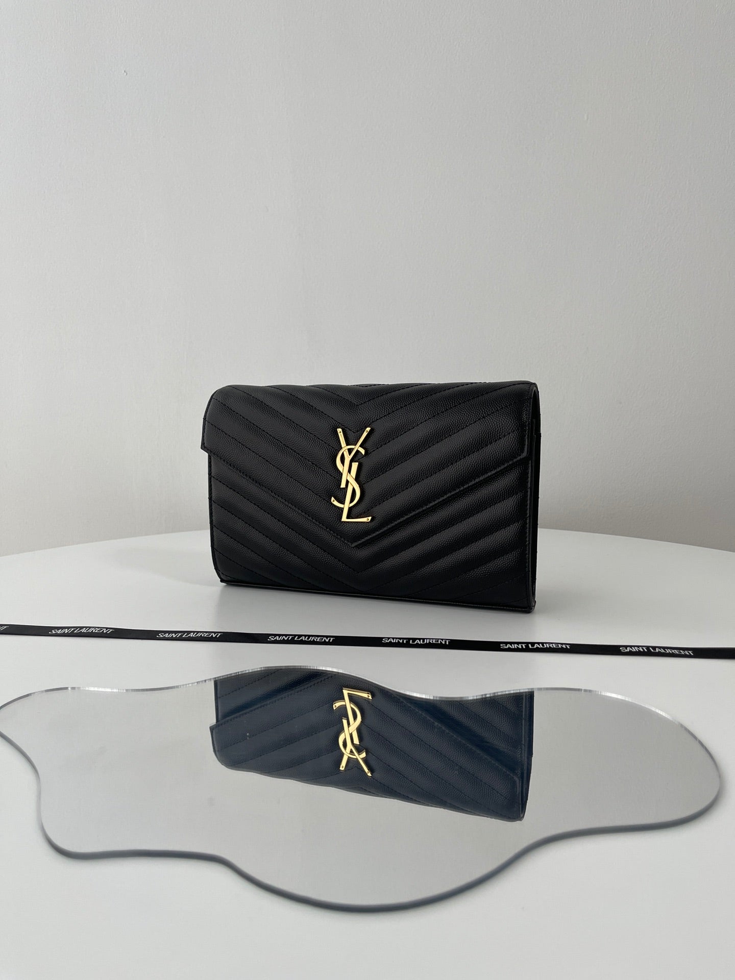 Saint Laurent Classic Cassandre Chain Wallet in Grained Leather